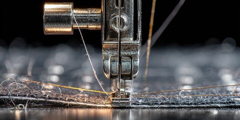 Close-up of sewing machine needle stitching fabric with focus on thread and tension at a crafting workspace