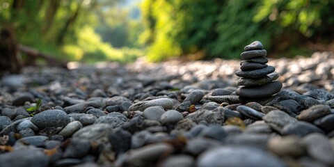 Creating a balanced stone tower at a tranquil riverbank during the early morning light