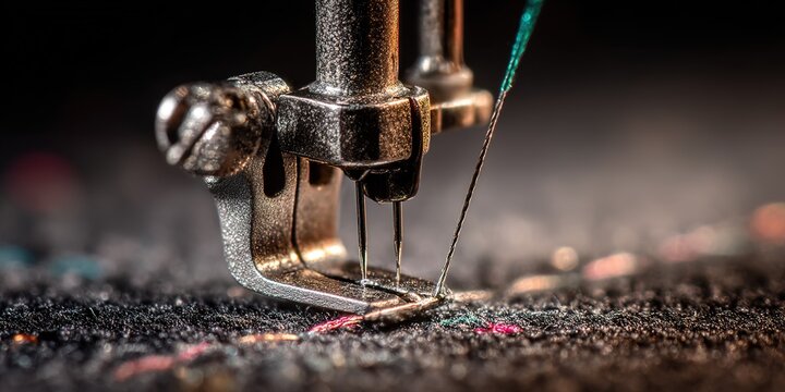 Sewing machine needle working on fabric with colorful threads during a crafting session