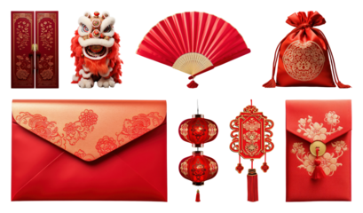 PNG Traditional Chinese festive decorations, element set on transparent background
