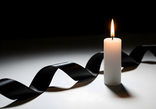 Lit white candle and winding black ribbon for memorial | Symbol of grief and remembrance on a dark background | Dramatic low-key studio shot of candlelight vigil | Funeral ceremony concept of loss 