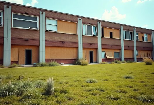 Empty office building, boarded windows, overgrown lawn, financial crisis,  business failure