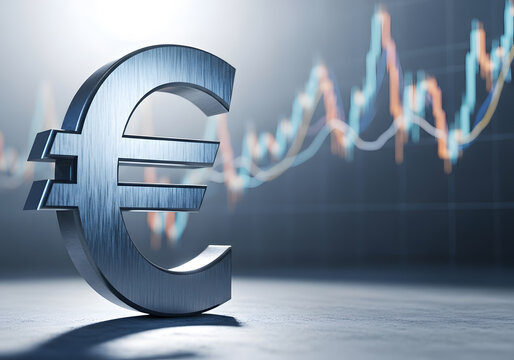 Metallic 3D Euro sign standing on concrete surface | Financial market trading charts and European currency symbol | Forex currency exchange rate volatility concept illustration | Investing in the Euro