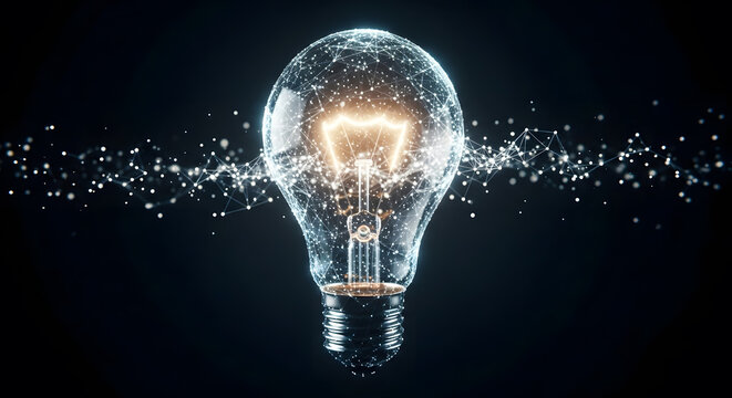 Digital plexus network surrounding glowing light bulb idea | Conceptual technology innovation and bright idea visualization | Creative inspiration representing connectivity and artificial intelligence