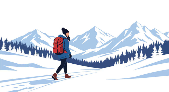 Solo backpacker hiking snowy mountain trail with bold scenery and crisp winter air. Ideal for adventure blogs, trekking guides, winter travel ads, and outdoor content