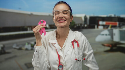 Woman holding pink ribbon with stethoscope draped around her neck at a sunlit airport terminal; hope resilience.