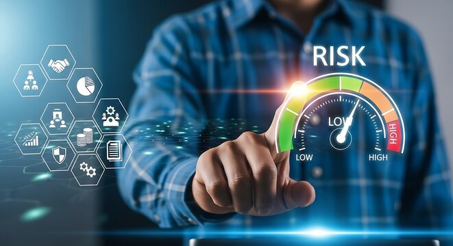 Risk management concept with a man touching a gauge.