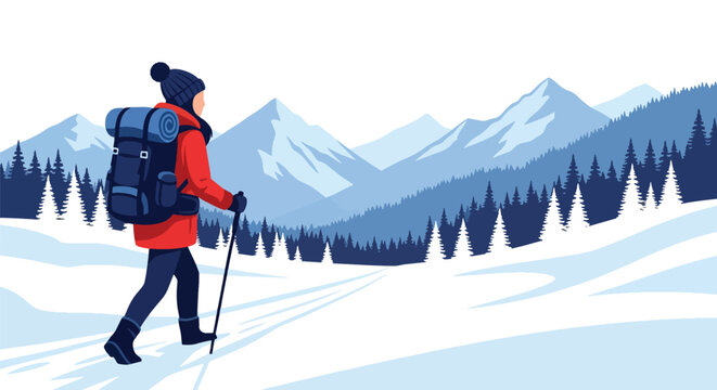 Solo backpacker hiking snowy mountain trail with bold scenery and crisp winter air. Ideal for adventure blogs, trekking guides, winter travel ads, and outdoor content