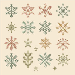 Hand-Drawn Vintage Christmas Snowflakes and Stars Element Collection in Earth Tones.