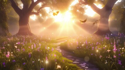 Enchanting sunlit meadow path beckons you into a serene forest, perfect for fantasy storytelling, nature documentaries, or peaceful meditation videos