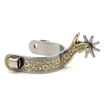 Ornate western riding spur with detailed engraving and star rowel isolated on white background for equestrian or cowboy themes