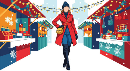 Tourist walking through winter Christmas market with festive stalls and snow. Ideal for holiday travel promotions, market themes, and seasonal tourism graphics