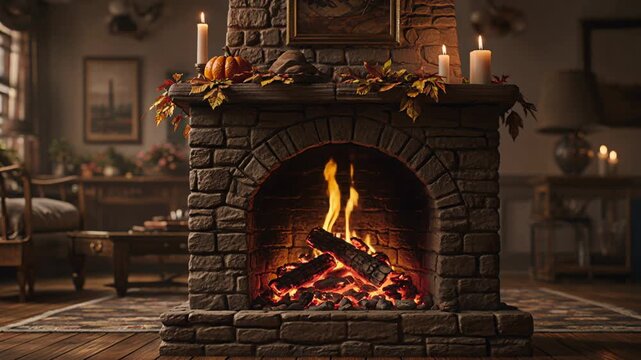 Cozy Stone Fireplace with Burning Logs and Autumn Leaf Decorations embers