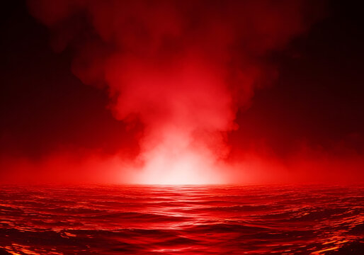 Intense red volumetric light illuminating dark ocean waves | Apocalyptic hellscape abstract background design | Dramatic digital render of fiery crimson water surface | Mysterious deep red fog rising 