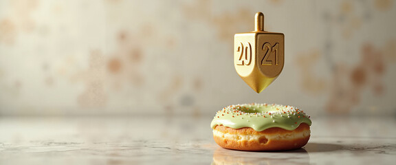 Golden dreidel spinning above green donut for Happy Hanukkah celebration  