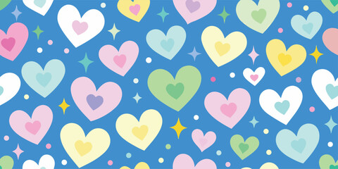 Seamless pattern of cute pastel hearts with inner hearts and sparkling stars on a vibrant blue background, perfect for valentines, romance, and joyful designs.