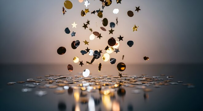 Golden confetti falling as part of the elegant new year celebration preparation