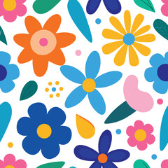 Vibrant seamless pattern with stylized colorful flowers, leaves, and abstract organic shapes on a white background, perfect for spring, summer, and joyful designs.