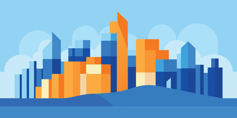Stylized urban cityscape illustration featuring modern geometric buildings in blue and orange hues against a light sky with abstract clouds, symbolizing growth and development.