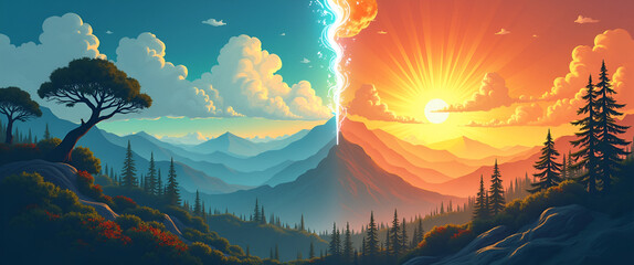 Illustrate the urgent climate crisis through realistic imagery of environmental destruction contrasted with hopeful climate action scenes, featuring copy space for dialogue.