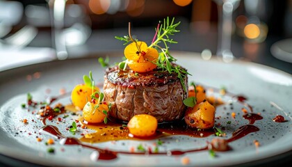 A gourmet meal beautifully plated at an upscale restaurant, Culinary scene, Elegant style delicious