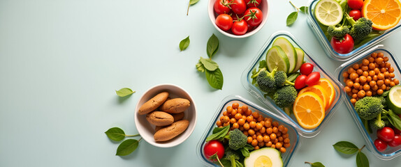 A dynamic composition showcasing healthy meal prep containers, arranged with leading lines for emphasis, with negative space for product labels or meal planning tips.