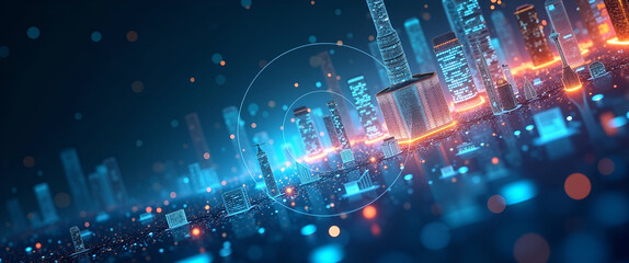 An artistic depiction of digital transformation case studies, presenting various sectors affected by technology with abstract elements and generous copy space for descriptive text.