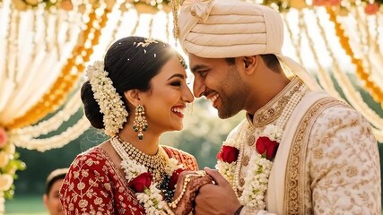 A radiant couple shares a deeply intimate and joyous moment during a traditional wedding ceremony, their faces illuminated with pure happiness and love. The bride, adorned in exquisite red cultural at