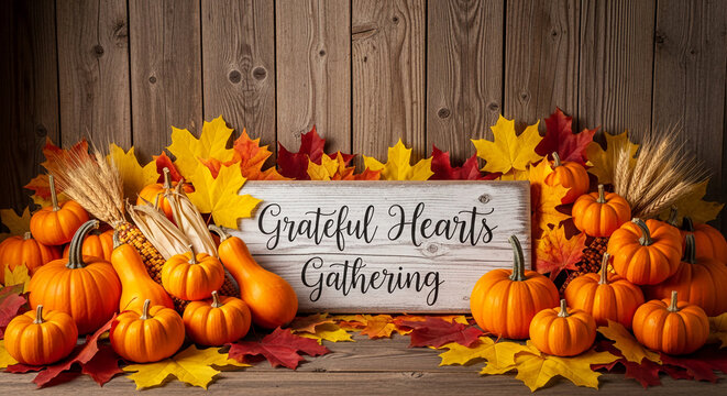 Autumnal arrangement with pumpkins, corn, and colorful leaves against a rustic wood background, showcasing gratitude and community gathering concept