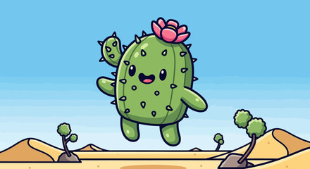 Obraz premium Cute Cactus Character in Desert Landscape Illustration.