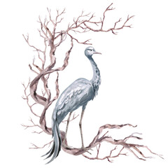 A semicircular composition with winding driftwood and a gray crane. Isolated watercolor illustration for environmental projects, travel agencies, interior design, posters, and postcards.