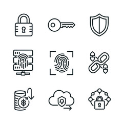 A collection of nine black thin line icons representing cybersecurity, data protection, and digital privacy concepts.