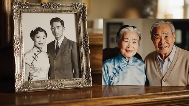 Framed vintage photo of young Asian couple beside color portrait of them as seniors on wooden shelf. A scene depicting enduring love and aging. Perfect for family history concepts.
