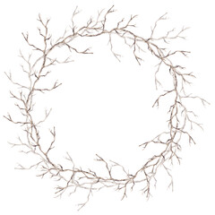 A round wreath with branches. Isolated watercolor illustration for eco-projects, travel agencies, interior design, posters, postcards, and packaging.