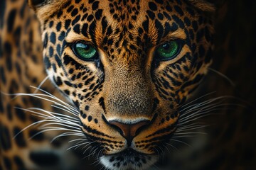 Naklejka premium A stunning close-up portrait of a dangerous spotted big cat, a wild leopard, with intense eyes