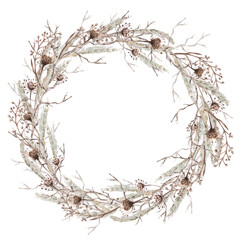 A round wreath with branches, steppe grasses, and flowers. Isolated watercolor illustration for eco-projects, travel agencies, interior design, posters, postcards, and packaging.