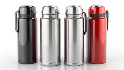 Four colorful reusable aluminum water bottles with carabiner clips standing upright isolated on white background