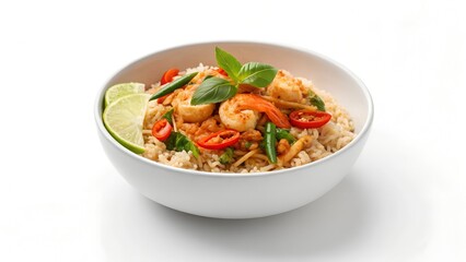 Delicious Shrimp Fried Rice Bowl With Lime And Chili Peppers Studio Shot