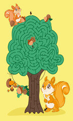 Tree-shaped maze with sguirrels and nuts  Maze for children vector
