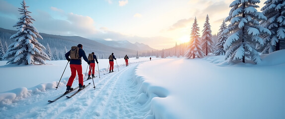 A picturesque frozen landscape showcasing individuals engaged in cross country skiing, enhancing the beauty of nature while offering substantial copy space for text.