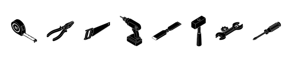 Minimal tool icons: tape measure, pliers, saw, drill, chisel, hammer, wrench with gear, and screwdriver. Ideal for repair, and construction visuals.