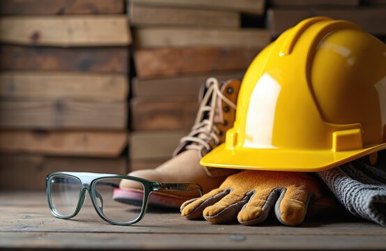 Yellow hard hat safety glasses work boots and gloves on wooden surface. Protective gear ready for construction site. Industrial work equipment for safety.