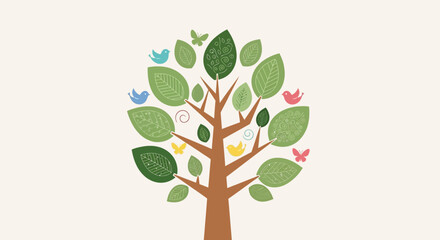 Obraz premium Illustration of a tree with leaves and birds.