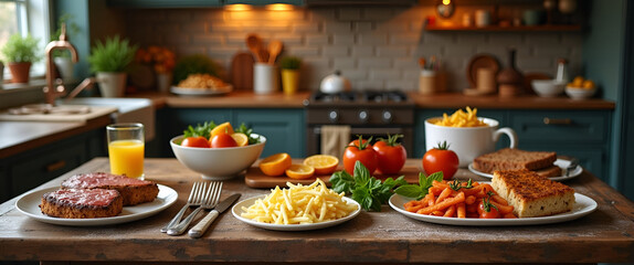 A hearty lunch at home featuring a comforting family meal laid out on a rustic kitchen table, with ample space for copy space and warmth.