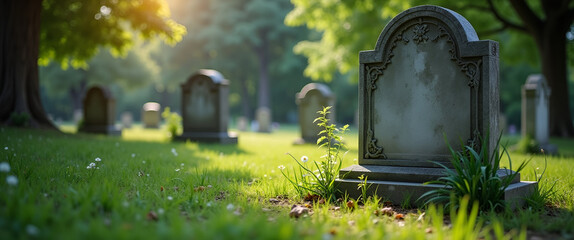 A tranquil cemetery setting featuring lush greenery surrounding a weathered tombstone set to the side, providing ample copy space for memorial inscriptions.