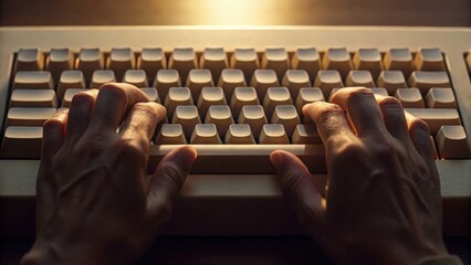 Hands Typing on an Old Standard Keyboard in Dim Light