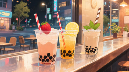 Colorful boba drinks in modern neon lit cafe 