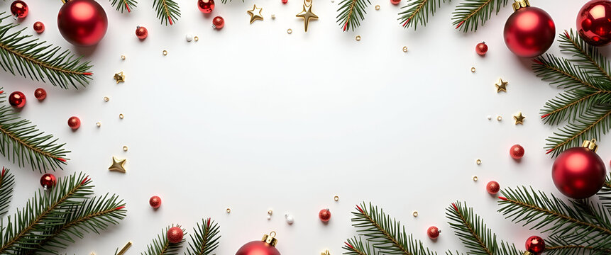 A sophisticated flat lay composed for Christmas, featuring elegantly arranged ornaments and festive elements, ensuring a minimalist approach with ample copy space.