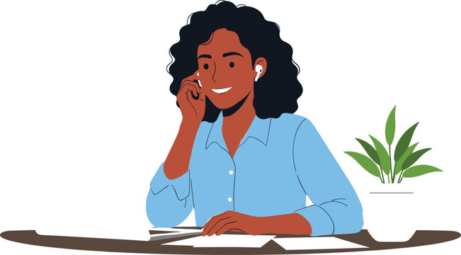Happy African American Woman Talking on a Wireless Earbud Headset at a Desk, Representing Customer Support, Virtual Assistant, or Remote Communication Vector Illustration.
