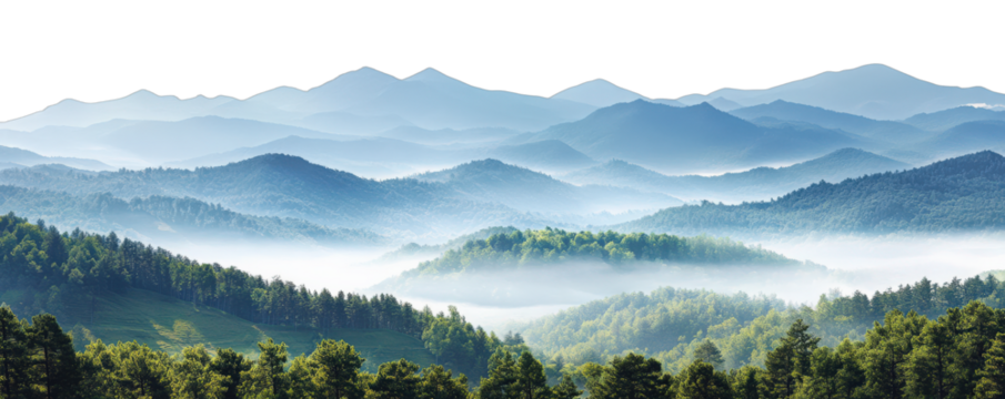 A serene landscape with rolling mountains covered in greenery